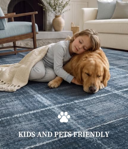 YIHOUSE 9x12 Blue Grey Distressed Plaid Area Rug for Living Room