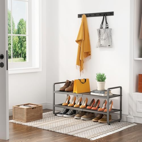SNTD Expandable Metal Shoe Rack for Closet, Entryway & Garage, 2-Tier, Grey | Adjustable Height for Boots, Stackable Design, Dense Mesh Shelves for Heels, Fits Small Spaces, Apartments and Rentals