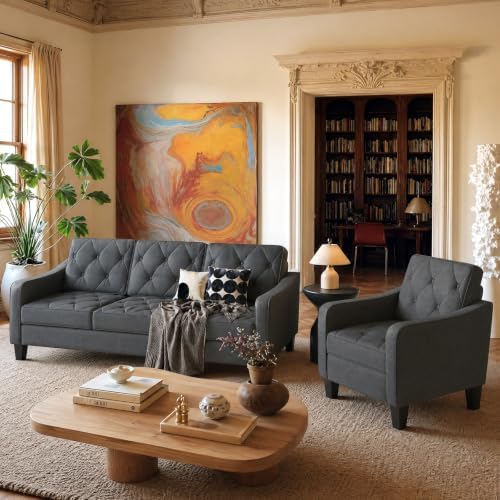 3-Piece Dark Grey Fabric Sofa Set, 2 Accent Chairs & 3 Seater Couch, Tufted