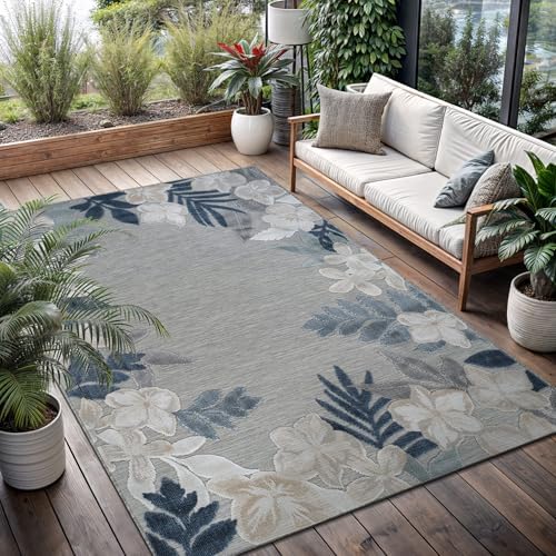 Outdoor Rug 6x9 Washable Area Rugs Indoor Outdoor Carpets Blue Border Floral ...