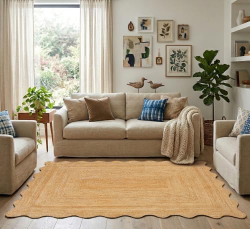 GRUHUM Jute Area Rug 2'x3' ft Wave Scalloped Natural Handwoven Boho R...