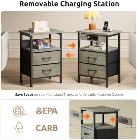 Lazzanto Night Stand with Charger Station, 2 Fabric Drawers, Grey | Nightstan...