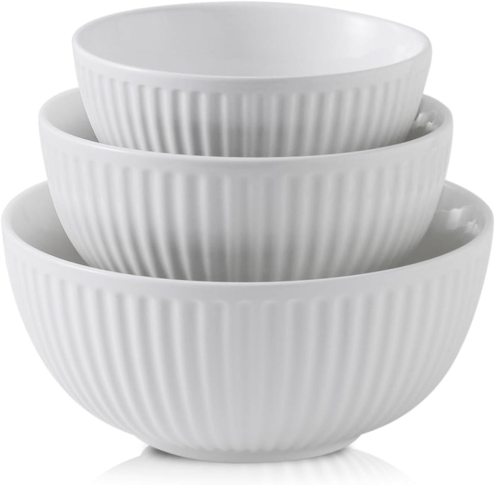 HASENSE Ceramic Ribbed Nesting White Bowls 1.5/1/0.5 Qt