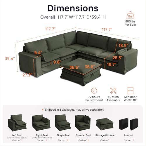 117" Washable Oversize Modular Sectional Sofa Couches for Living Room,Green | Waterproof Performance Fabric, Cloud Couch Sectional with Fully Removable Cover, 5-Seater with Storage Ottoman, V-Shaped