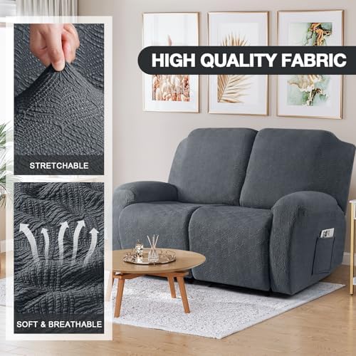 Timeles Loveseat Covers Washable, Stretch Couch Slipcovers, Gray | 2 Seater 4-Pieces Jacquard Soft Recliner Sofa Covers Furniture Protector with Pocket for Pets Kids
