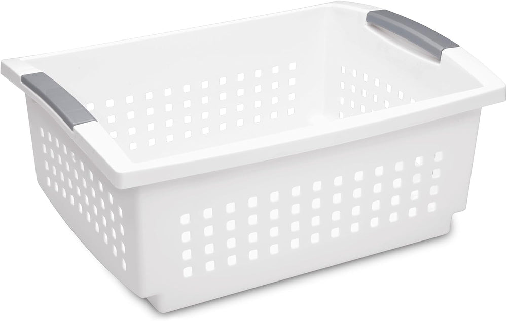 Sterilite Large Stacking Basket Plastic Storage Organizer, White, 4-Pack