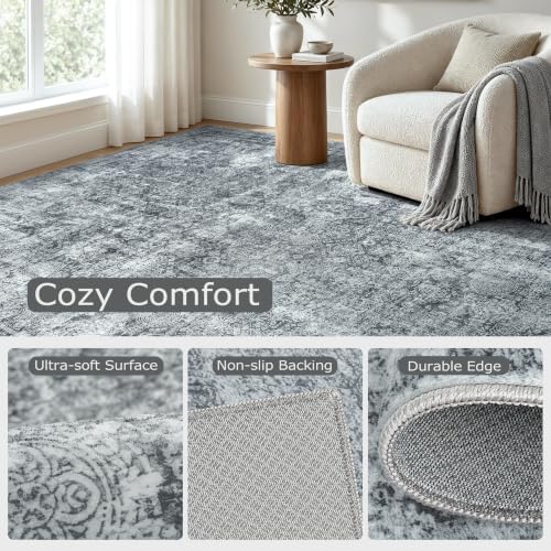 8x10 Area Rugs Washable for Living Room: Black Grey Abstract Large Carpet