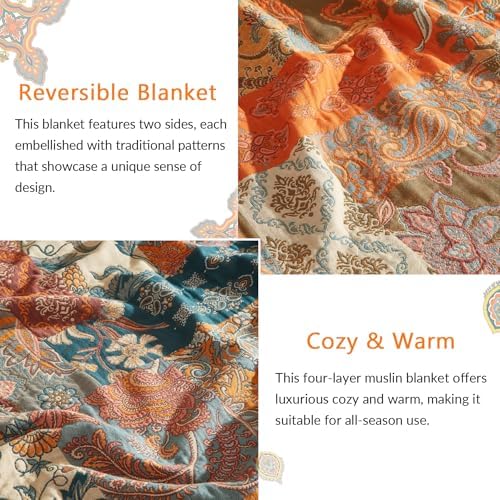 Bailix Boho Throw Blanket, 100% Cotton, Woven Floral Pattern, 60"x80"