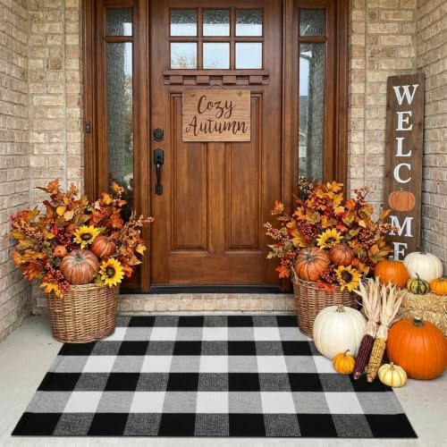 Buffalo Plaid Outdoor Rug 27.5" x 43" Black and White Checkered Area Rug Washable Doormats Indoor Outdoor Rugs for Layered Front Door Mats, Porch, Entryway, Kitchen, Farmhouse