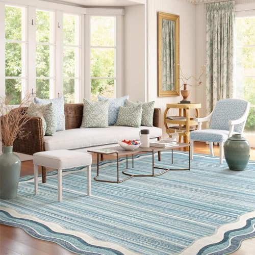 Lahome Estelle Scalloped 8x10 Area Rugs for Living Room, Washable Soft Blue R...