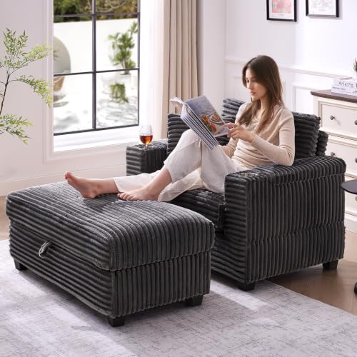ONBRILL Corduroy Oversized Chair with Ottoman, W44 Armchair, Cup Holder