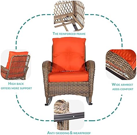 MEETWARM Outdoor Wicker Rocking Chair, Rattan Patio Rocker Chairs with Cushio...
