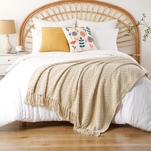 BATTILO HOME Beige Throw Blankets for Couch, Knitted Tan Throw Blanket for Tw...