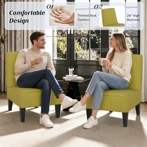 Armless Accent Chairs Set of 2, Green Upholstered Linen Slipper Chair with So...