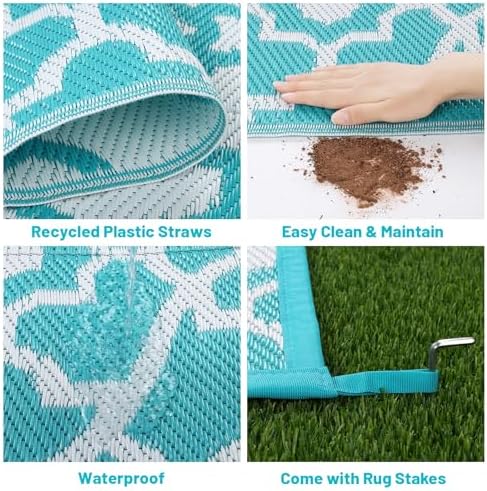 HEBE Waterproof Outdoor Rug 9'x12', Geometric Reversible Plastic Pati...