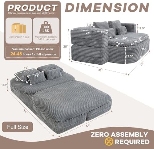 75'' Folding Sleeper Sofa Bed, Memory Foam Boneless Couch