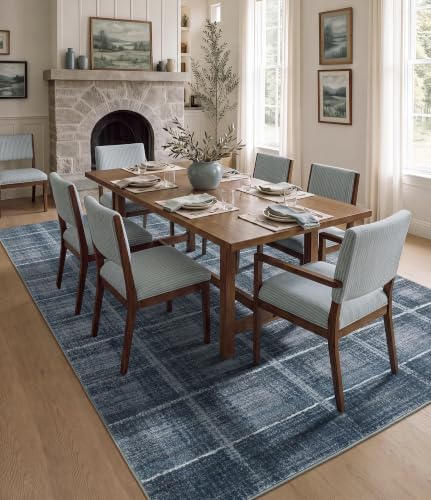 YIHOUSE 9x12 Blue Grey Distressed Plaid Area Rug for Living Room