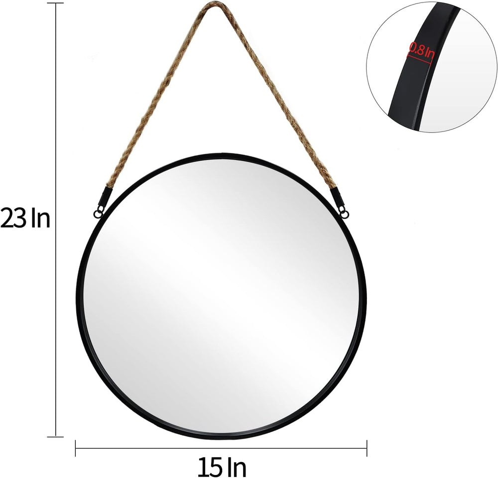 POZINO 15" Small Round Hanging Mirror, Circle Wall Mirror with Jute Rope