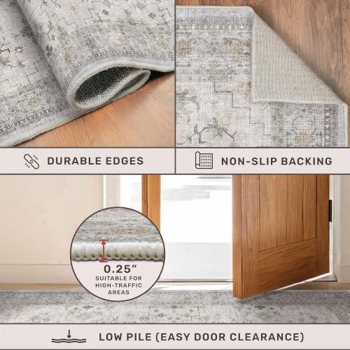 Light Gray & Sage Living Room Rug 8x10 - Washable Boho Low Pile Large Are...