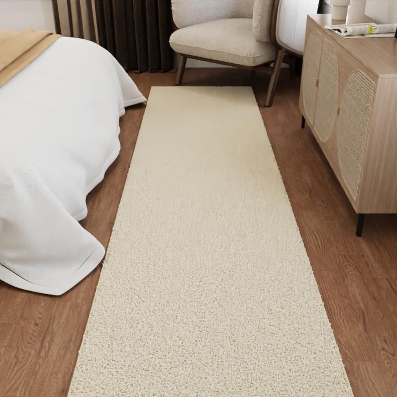 Ottomanson Shag Bedroom Rug Set 2 Piece – Plush Non Slip Rugs for Bedside & Foot of Bed, Soft Bedroom Runner and Area Rug Set, 3' x 5' + 2' x 6', Cream