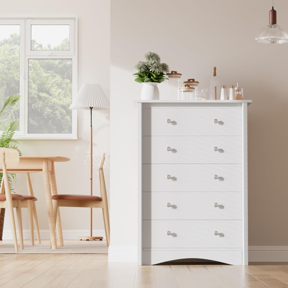 Furmax Tall Dresser, 5 Drawer Dresser for Bedroom, White