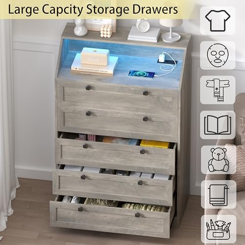 Wodeer Grey Dresser Tall 5 Drawer Dresser for Bedroom, Wood Chest of Drawers ...