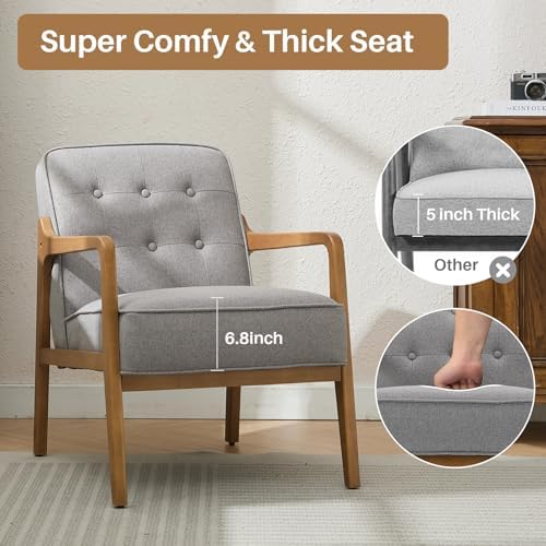 SOFTHION Linen Mid Century Modern Chair with Solid Wood Frame, Grey