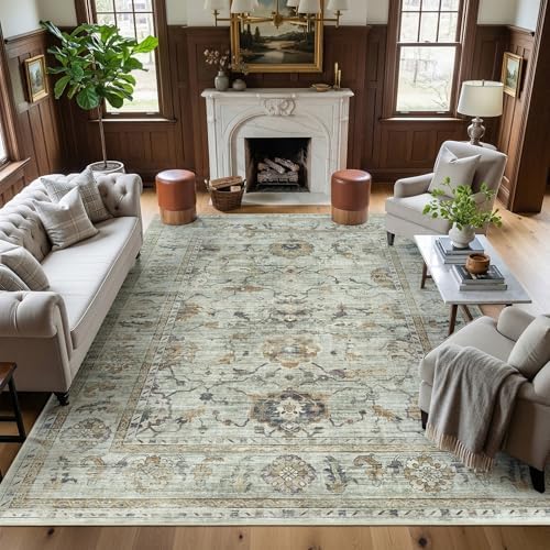 Washable Area Rug 8x10, Sage Green Gold Gray Vintage Rug for Living Room