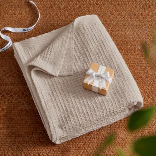 Bedsure 100% Cotton Blanket, Waffle Weave, Queen Size, Beige, 90"x90"