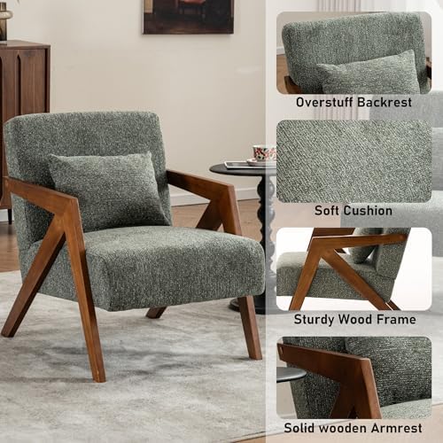 Mid-Century Modern Accent Chair with Solid Wood Frame，Upholstered Chenille Li...
