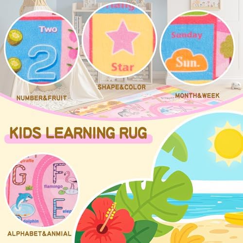 4 x 6 Feet Pink Zoo Themed Kids Educational Play Area Rug for Girls | Pink Non-Slip Washable Kids Learning Rug, Alphabet Numbers Zoo Animals Week Seasons Design for Classroom Playroom