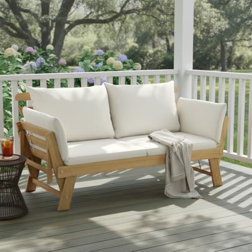 Tangkula Convertible Acacia Wood Patio Sofa Bed with Adjustable Armrest