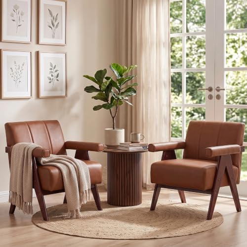JIASTING Mid Century Modern Accent Chair Set of 2, Brown Leather Armchair