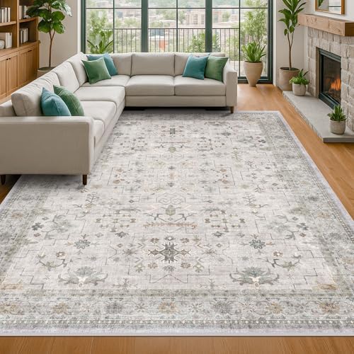 Light Gray & Sage Living Room Rug 8x10 - Washable Boho Low Pile Large Are...