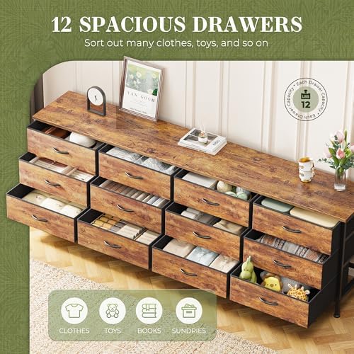 Huuger 70 Inch Dresser for Bedroom, TV Stand for 65, 75, 80 Inch TV, 12 Fabri...