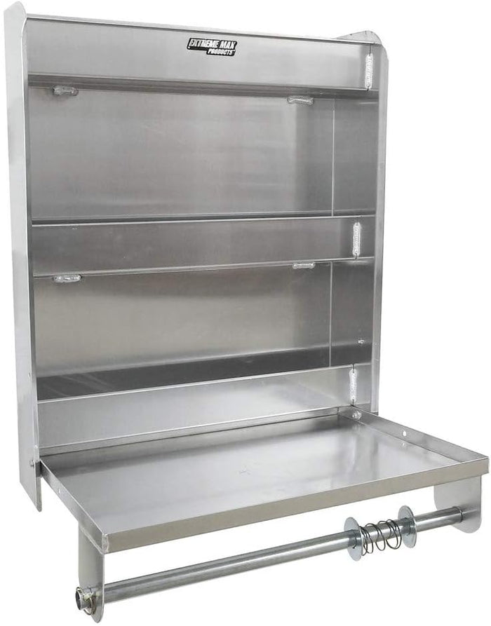 Extreme Max 5001.6049 Aluminum Work Station Storage Cabinet w/ Flip-Out Work Tray & Paper Towel Rack Organizer for Enclosed Race Trailer, Shop, Garage, Storage,Silver