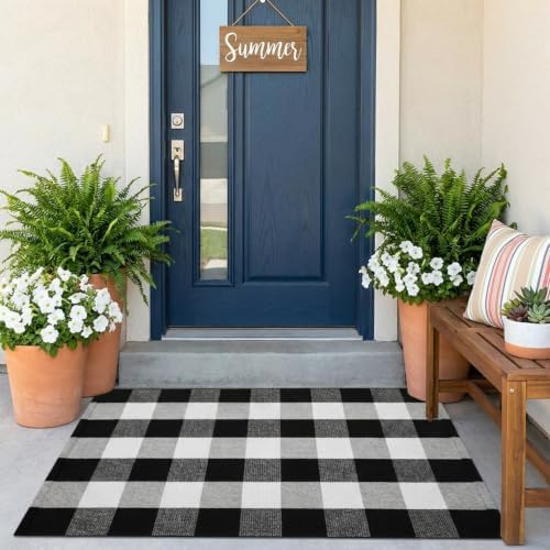 Buffalo Plaid Outdoor Rug 27.5" x 43" Black and White Checkered Area Rug Washable Doormats Indoor Outdoor Rugs for Layered Front Door Mats, Porch, Entryway, Kitchen, Farmhouse