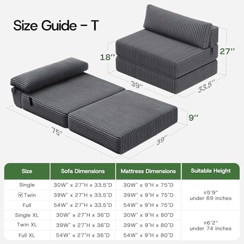 Folding Sofa Bed Convertible 4 in 1 Sleeper Chair Gray Twin