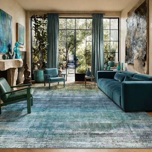 8x10 Teal and Sage Green Abstract Area Rug Living Room Boho Ombre Washable