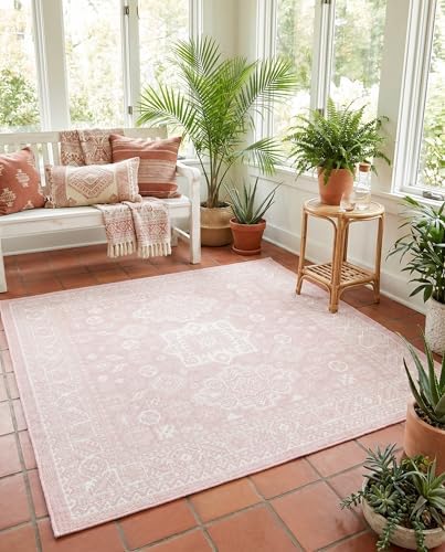 Rugs.com - Outdoor Aztec Rug – 5 Ft Square Pink Stain-Resistant Indoor/Outdoo...