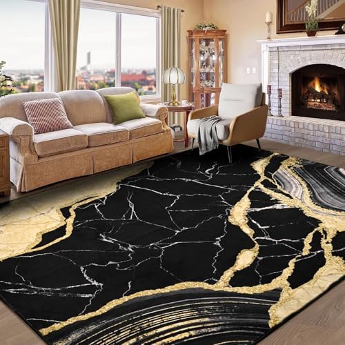 ASPMIZ Black and Gold Marble Area Rug 9x12, Washable Rugs for Living Room
