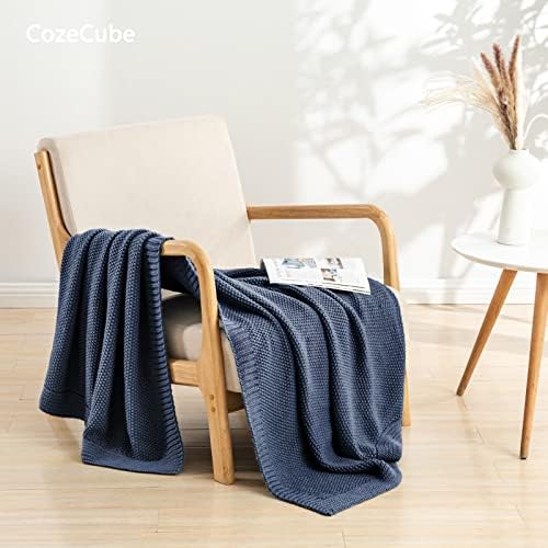CozeCube Dusty Blue Seed Stitch Throw Blanket 50"x60", Farmhouse Decor
