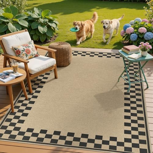 UERMEI 5x7 Outdoor Jute Area Rug Patio Neutral Washable Checkered Brown | Easy Non Slip Pet Friendly Indoor Farmhouse Carpet for Living Room Bedroom Dining Backyard