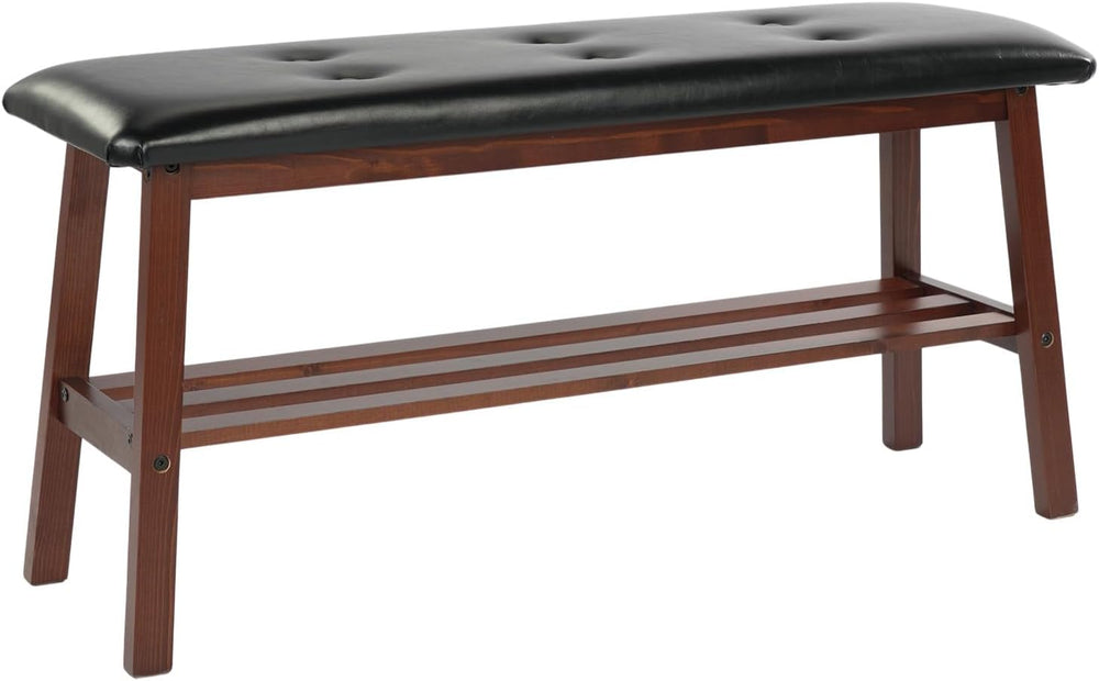 VINGLI Padded Solid Wood Dining Table Bench with Shoe Rack Storage Walnut