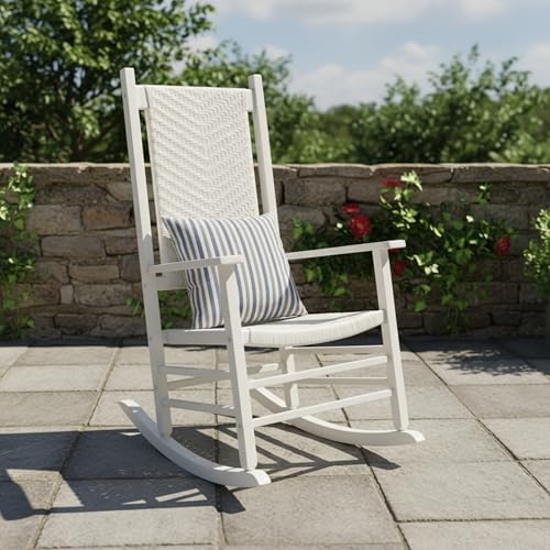 Shine Company Hampton Porch Rocker, High Back Wood Rocking Chair, Rattan Back...