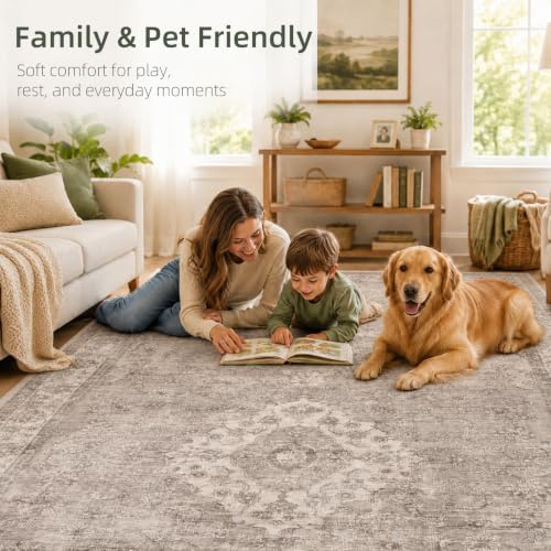 5x7 Area Rug for Living Room, Washable Waterproof Boho, Grey