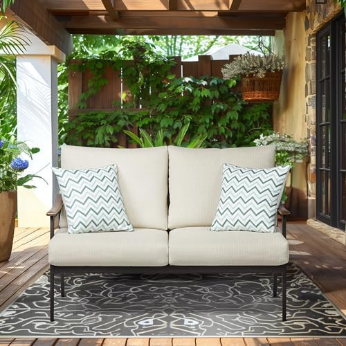 NATURAL EXPRESSIONS Patio Outdoor Loveseat, Wicker Back, Woodgrain Armrest