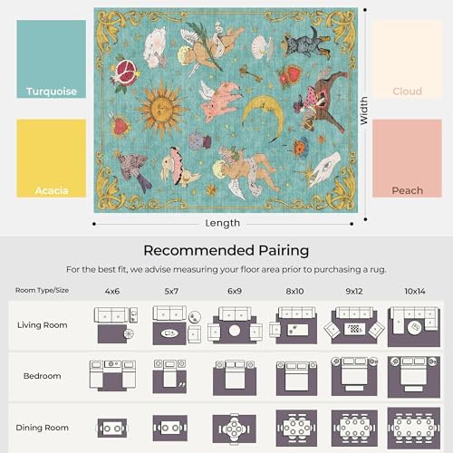 Kokia 4x6 Celestial Sun Moon Unique Fresh Turquoise Soft Washable Area Rug
