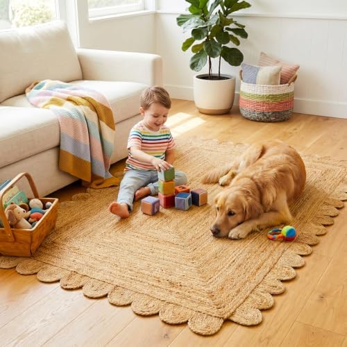 GRUHUM Scalloped Jute Area Rug 5X8ft Natural Handwoven Farmhouse Rug Large