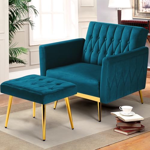 Velvet Accent Chair w/Ottoman & Adjustable Backrest,Teal